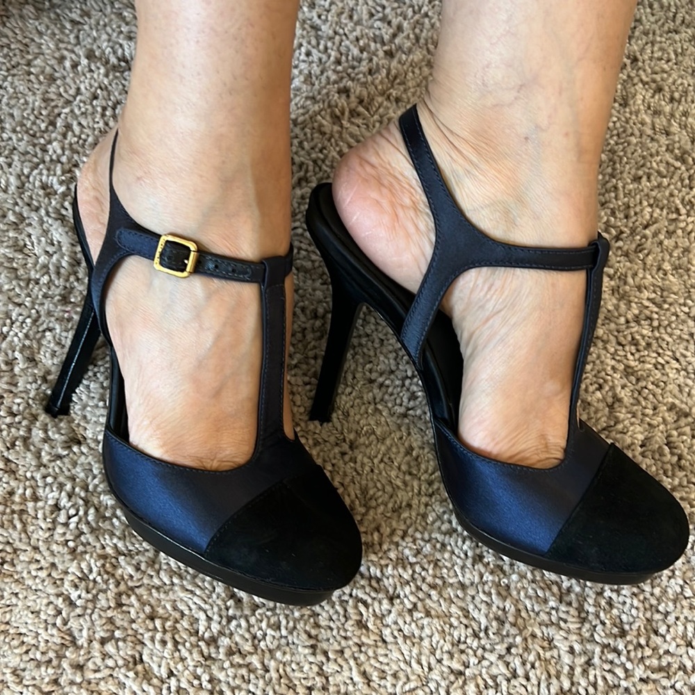 TORY BURCH navy blue/black suede and satin heels